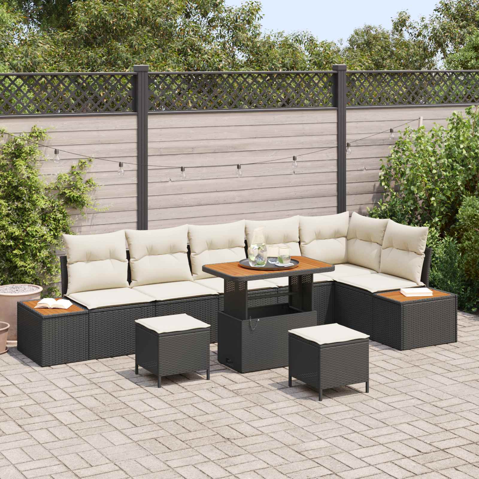 Set Divano da Giardino con cuscino 9 pcs Nero e Crema | homemem39