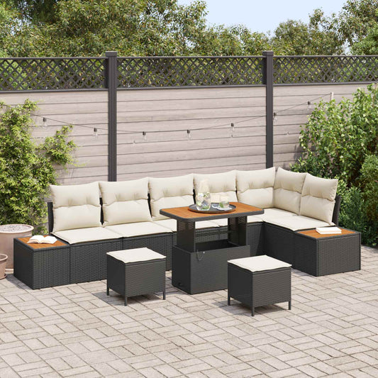 Set Divano da Giardino con cuscino 9 pcs Nero e Crema