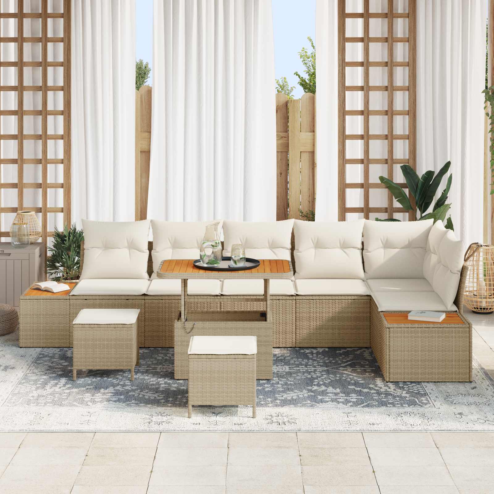 Set Divano da Giardino con cuscino 9 pcs Beige e Crema | homemem39