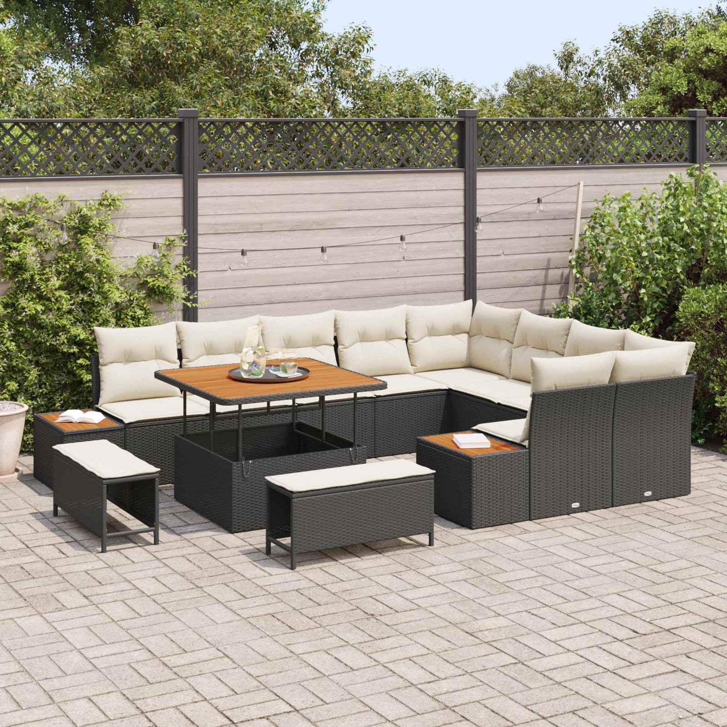 Set Divano da Giardino 12 pz 11-Numero di posti Nero e Crema