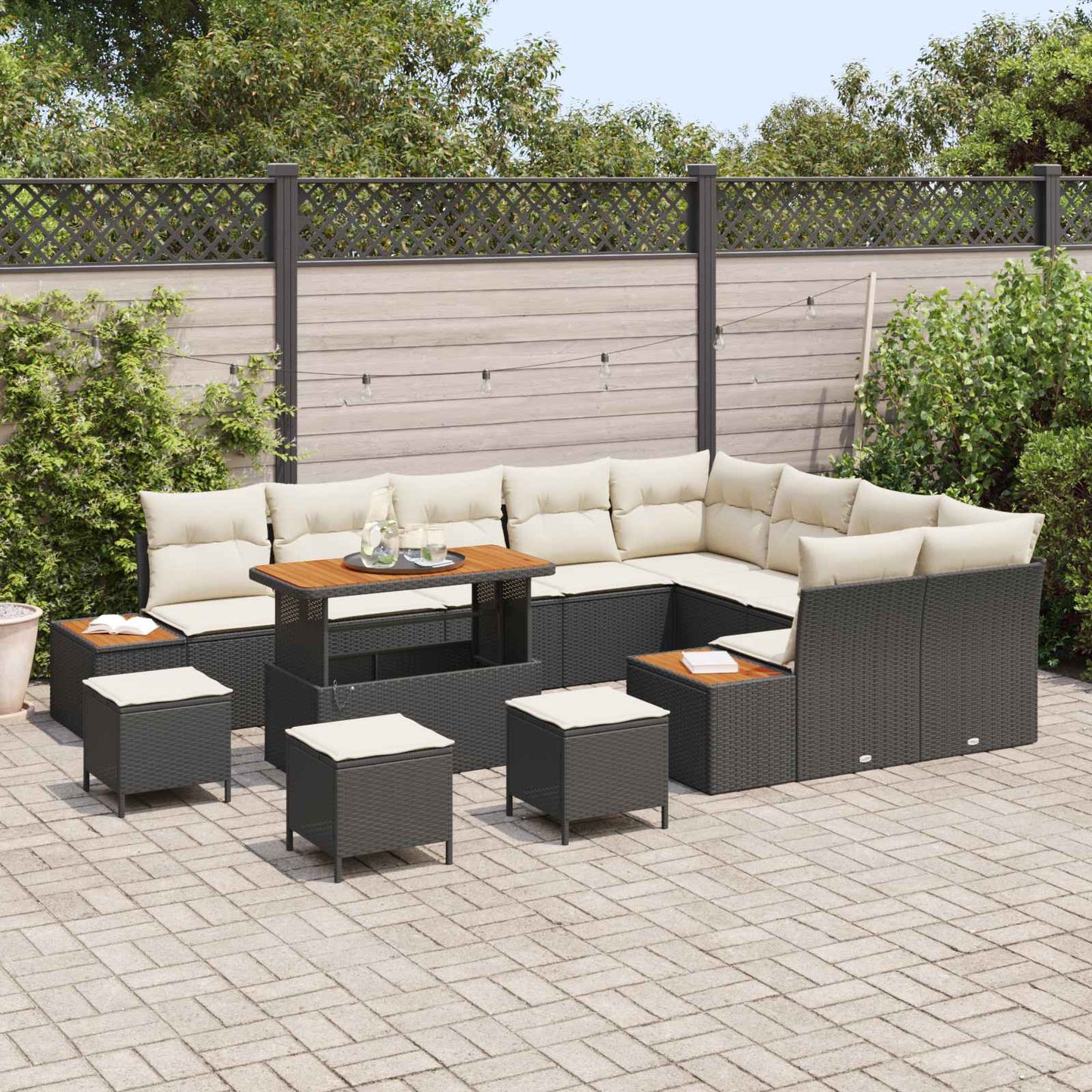 Set Divano da Giardino 13 pz 12-Numero di posti Nero e Crema