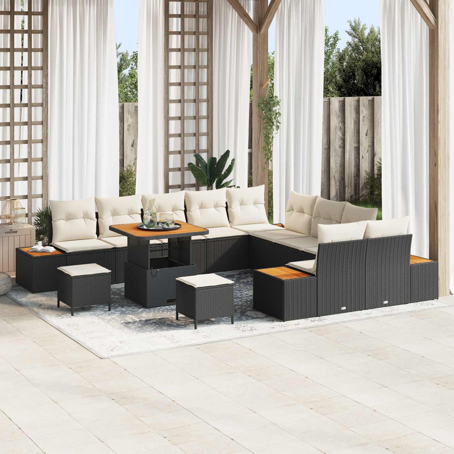Set Divano da Giardino con cuscino 13 pcs Nero e Crema | homemem39
