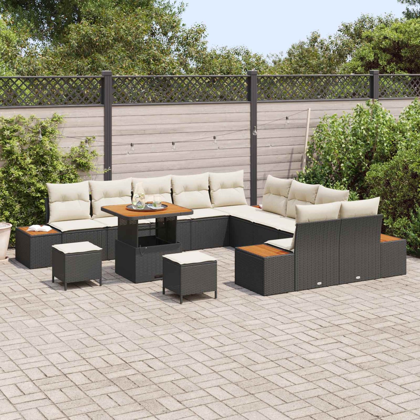 Set Divano da Giardino con cuscino 13 pcs Nero e Crema | homemem39