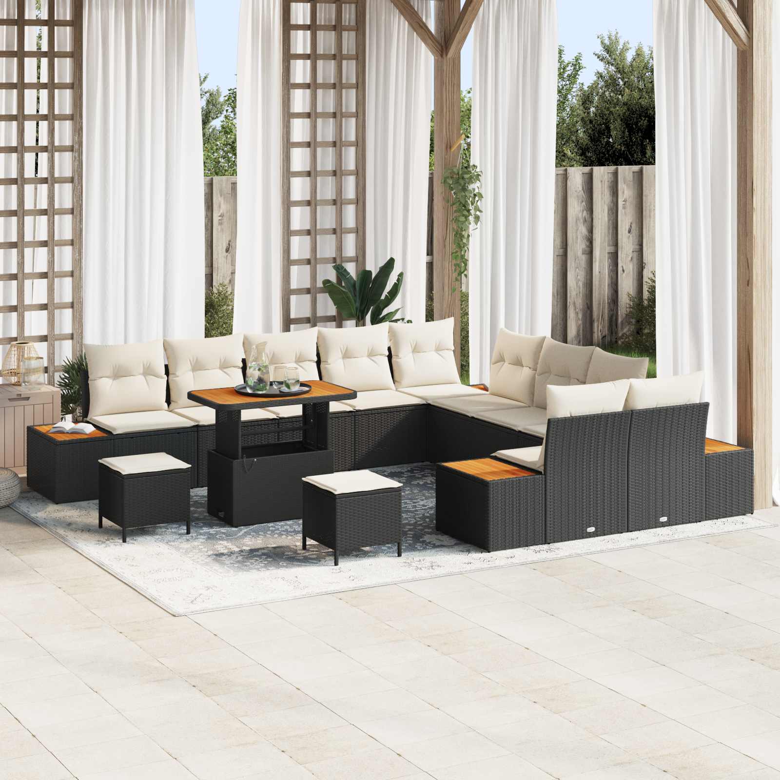Set Divano da Giardino con cuscino 13 pcs Nero e Crema | homemem39