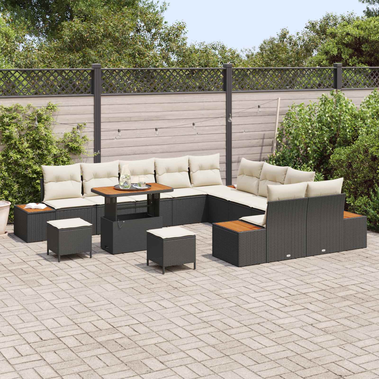 Set Divano da Giardino con cuscino 13 pcs Nero e Crema | homemem39