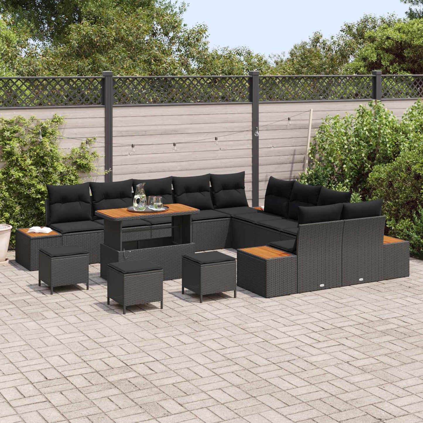 Set Divano da Giardino con cuscino 14 pcs Nero