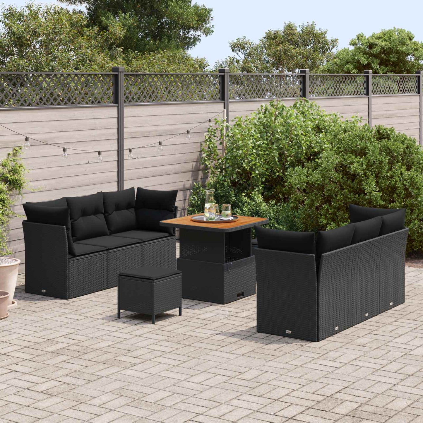 Set Divano da Giardino con cuscino 9 pcs Nero polyrattan