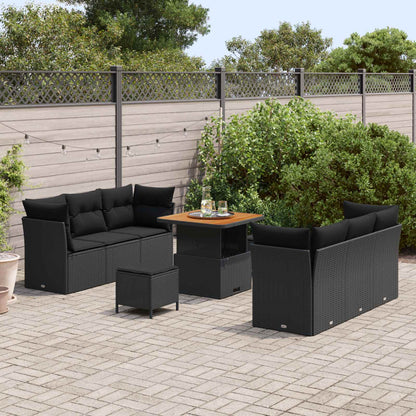 Set Divano da Giardino con cuscino 9 pcs Nero polyrattan