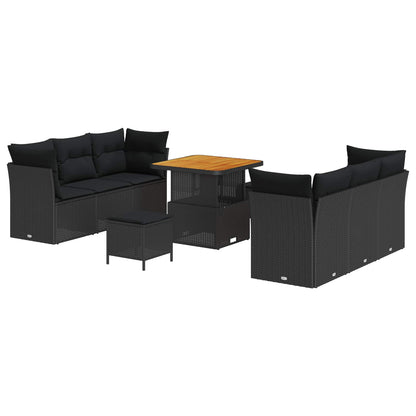 Set Divano da Giardino con cuscino 9 pcs Nero polyrattan