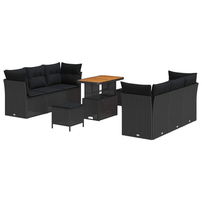 Set Divano da Giardino con cuscino 9 pcs Nero polyrattan