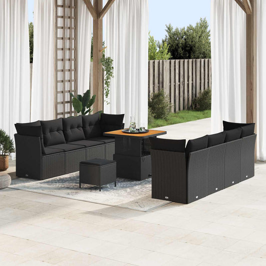 Set Divano da Giardino con cuscino 11 pcs Nero polyrattan