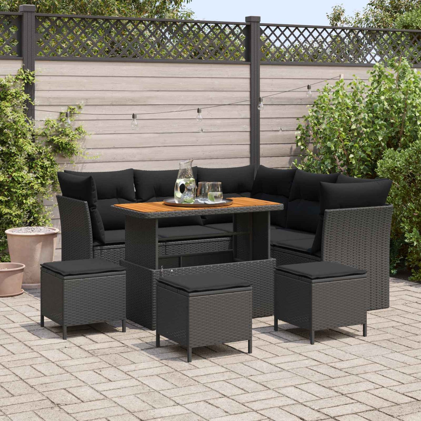 Set Divano da Giardino 9 pz 5-Numero di posti Nero polyrattan