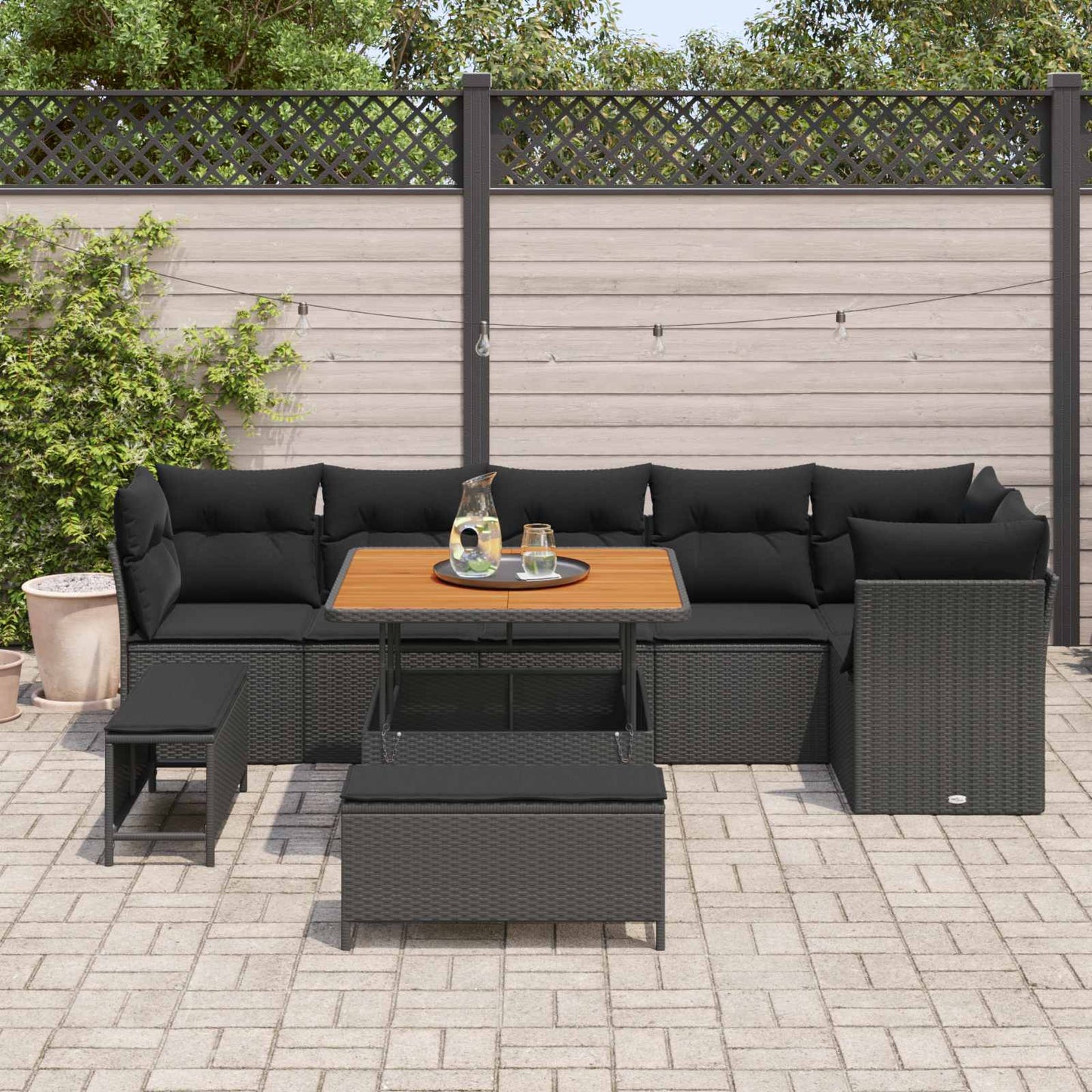 Set Divano da Giardino 9 pz 6-Numero di posti Nero