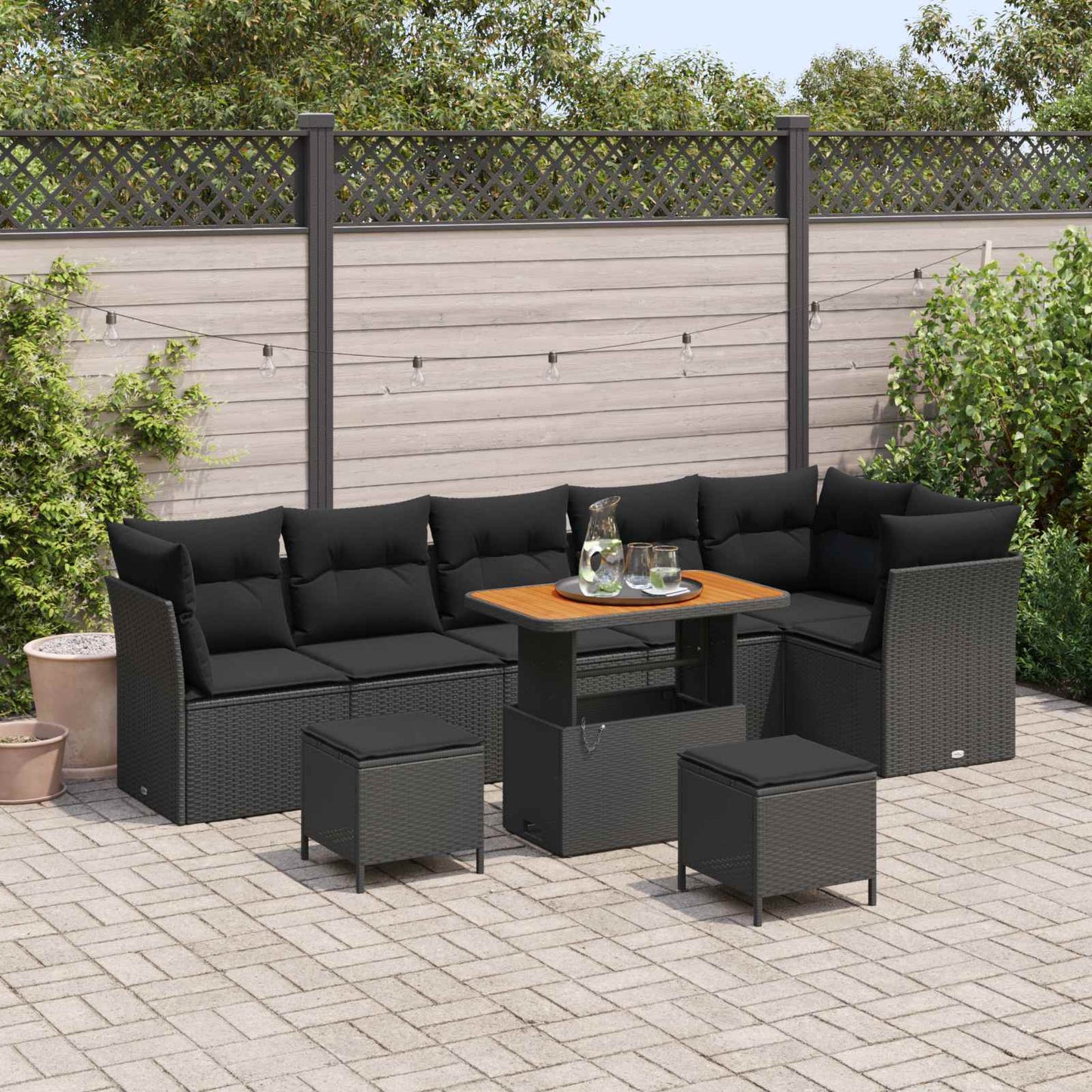 Set Divano da Giardino 9 pz 6-Numero di posti Nero