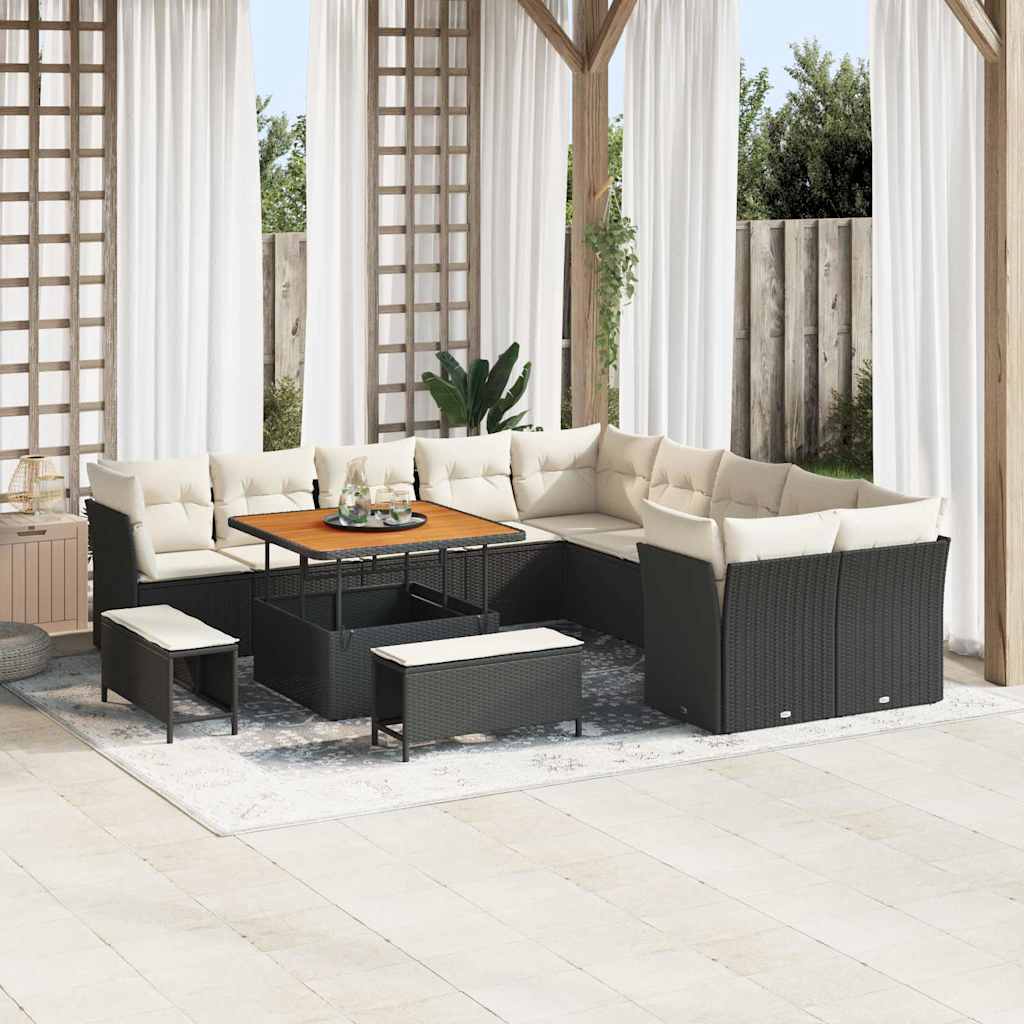 Set Divano da Giardino 13 pz Nero e Crema polyrattan