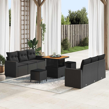 Set Divano da Giardino 9 pz 6-Numero di posti Nero polyrattan