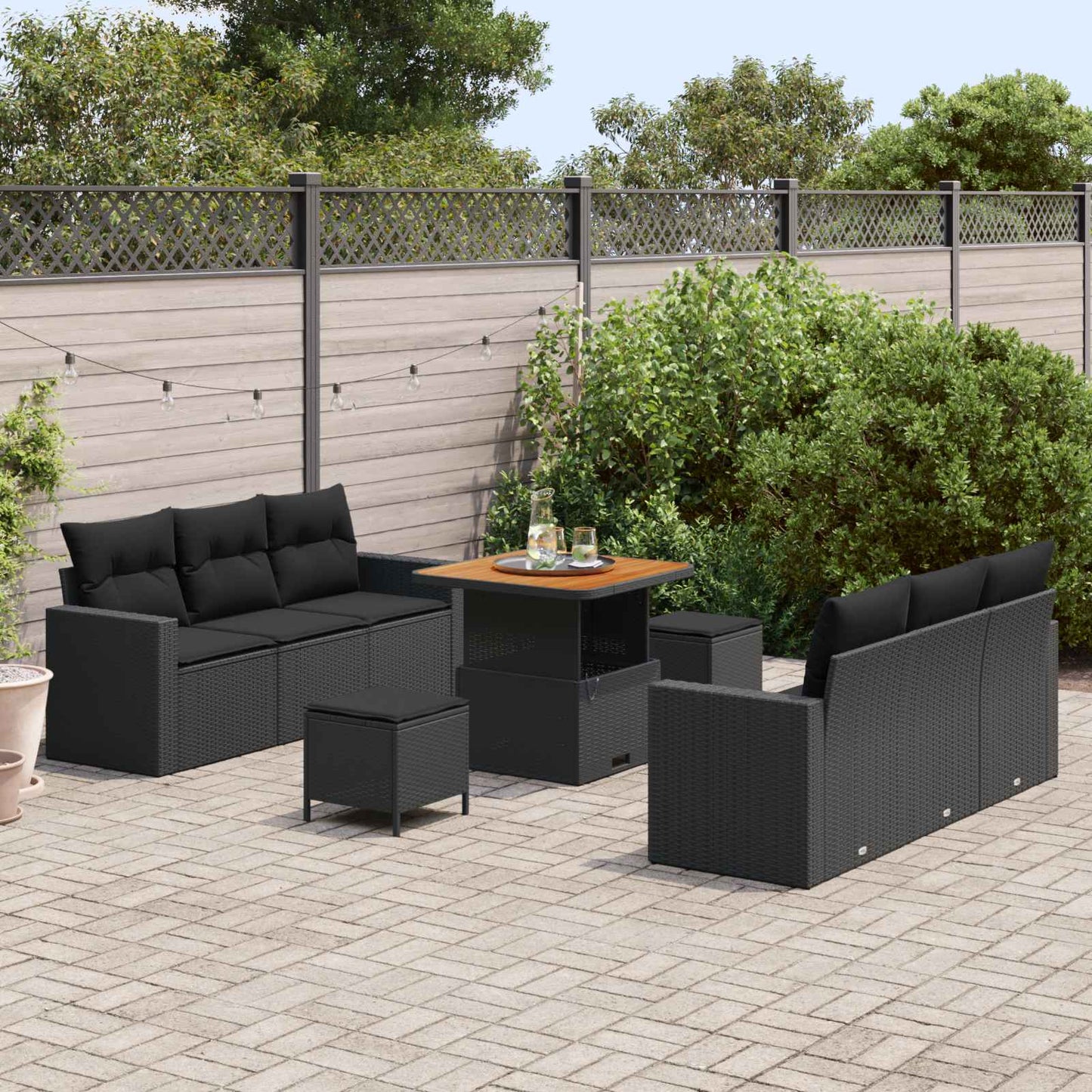 Set Divano da Giardino 9 pz 6-Numero di posti Nero polyrattan