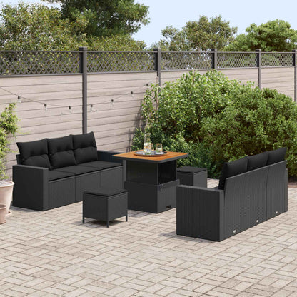 Set Divano da Giardino 9 pz 6-Numero di posti Nero polyrattan