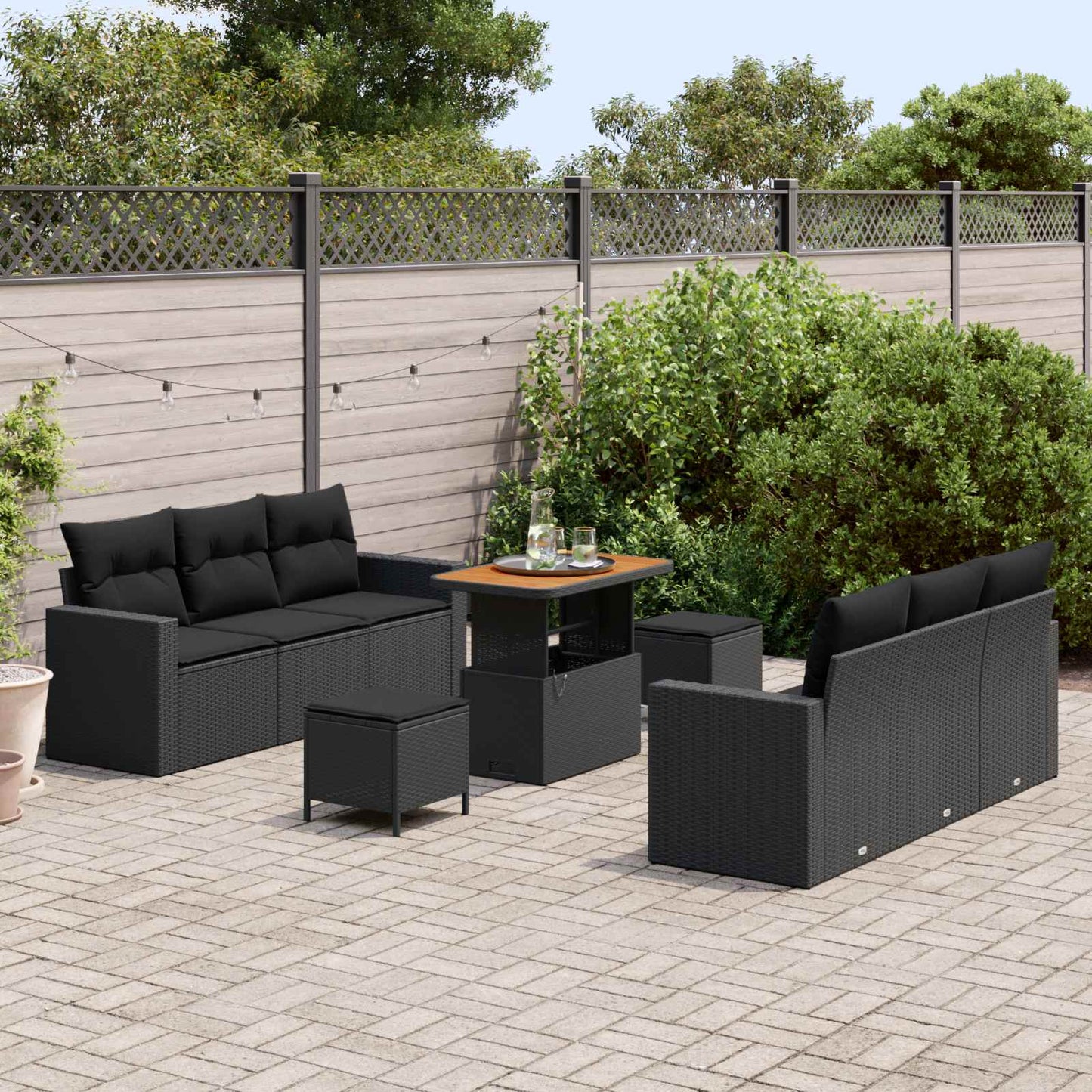 Set Divano da Giardino 9 pz 6-Numero di posti Nero polyrattan