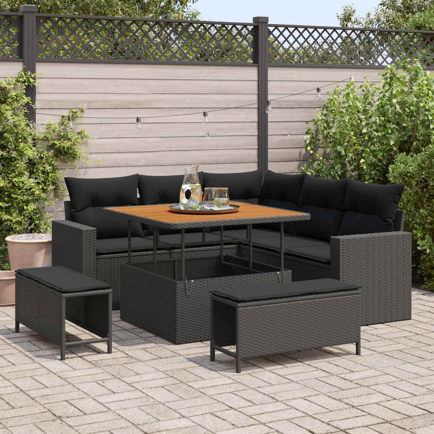 Set Divano da Giardino con cuscino 9 pcs Nero polyrattan | homemem39