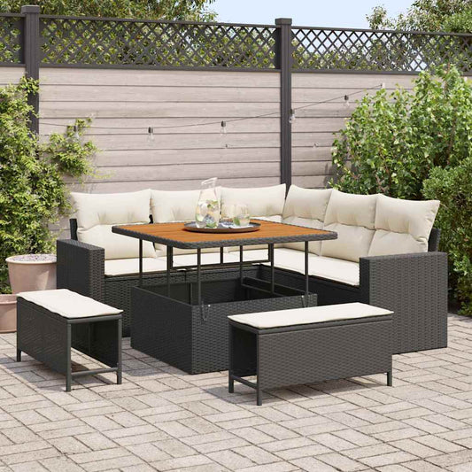 Set Divano da Giardino 9 pcs Nero e Crema polyrattan