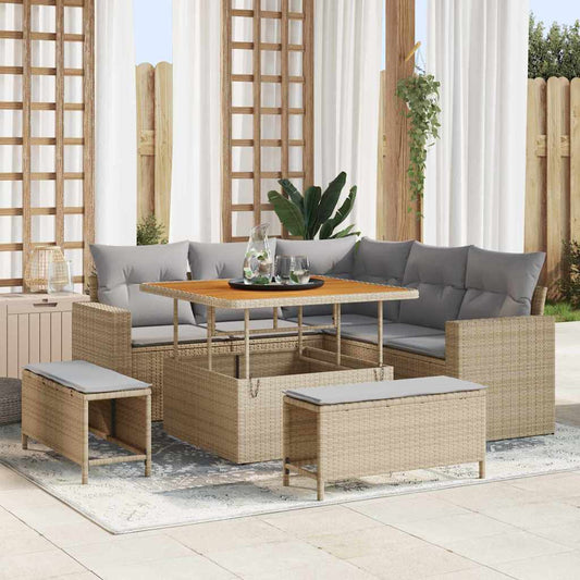 Set Divano da Giardino 9 pcs Beige e Grigio Chiaro polyrattan