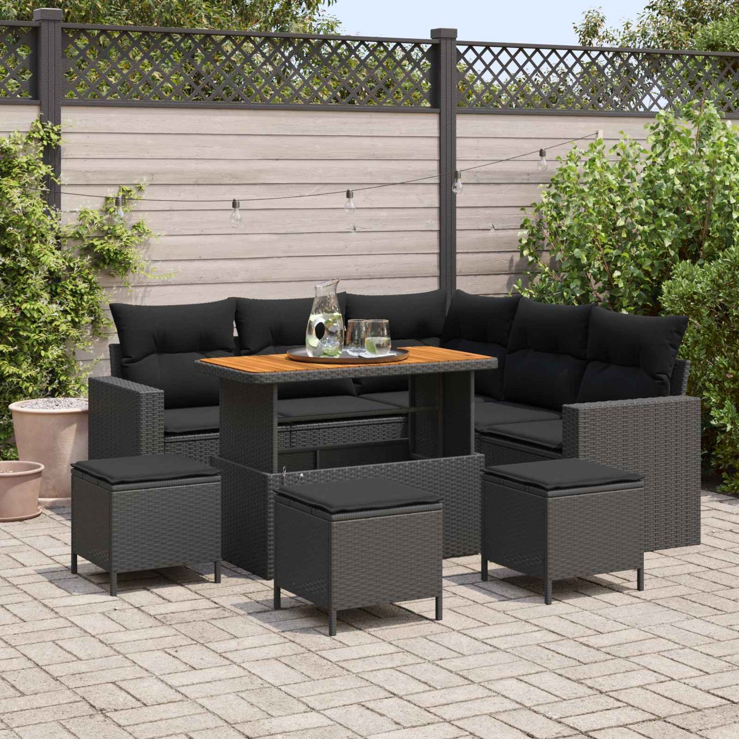 Set Divano da Giardino 10 pz 7-Numero di posti Nero polyrattan