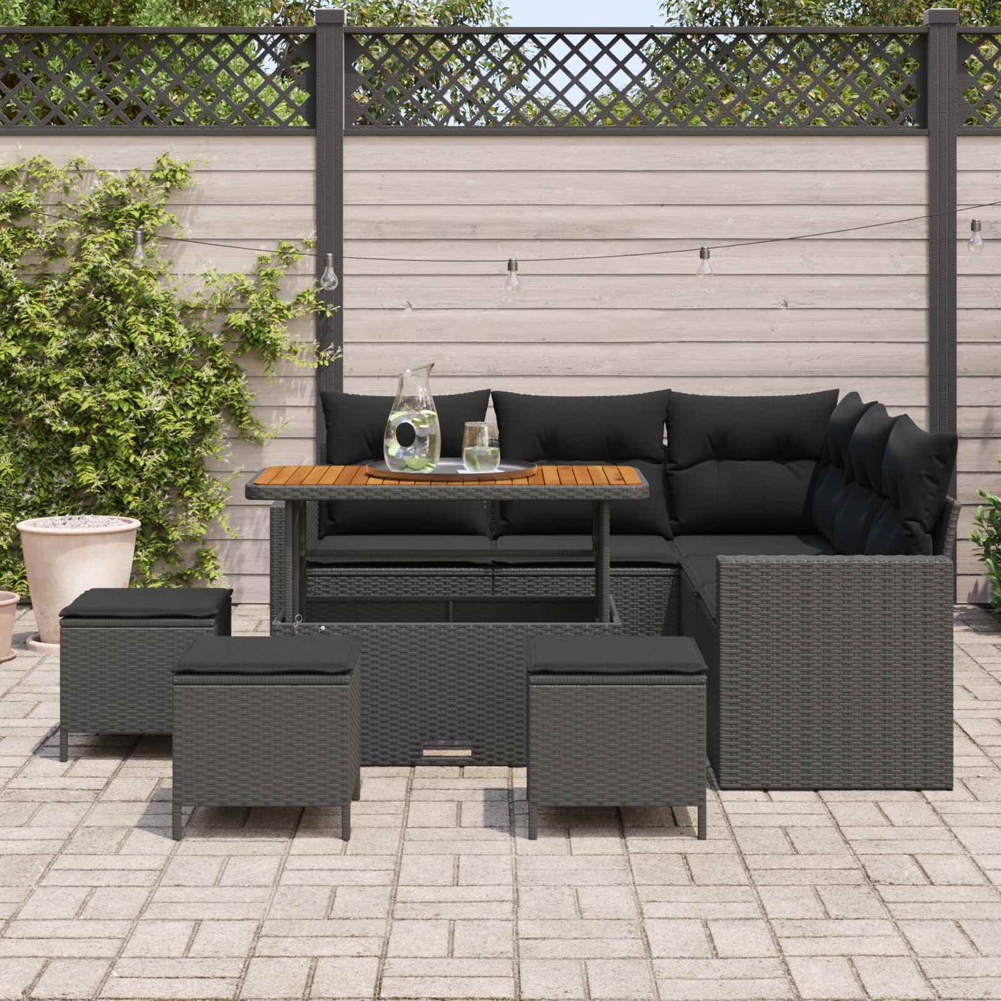 Set Divano da Giardino 10 pz 7-Numero di posti Nero polyrattan