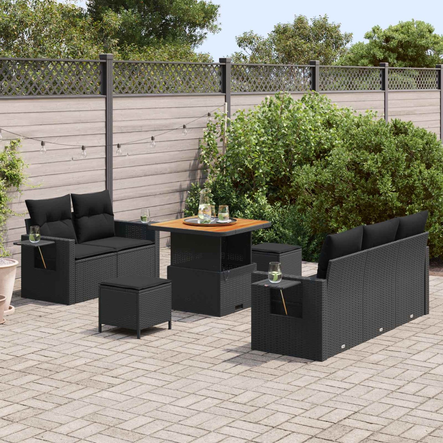 Set Divano da Giardino 10 pz 7-Numero di posti Nero polyrattan
