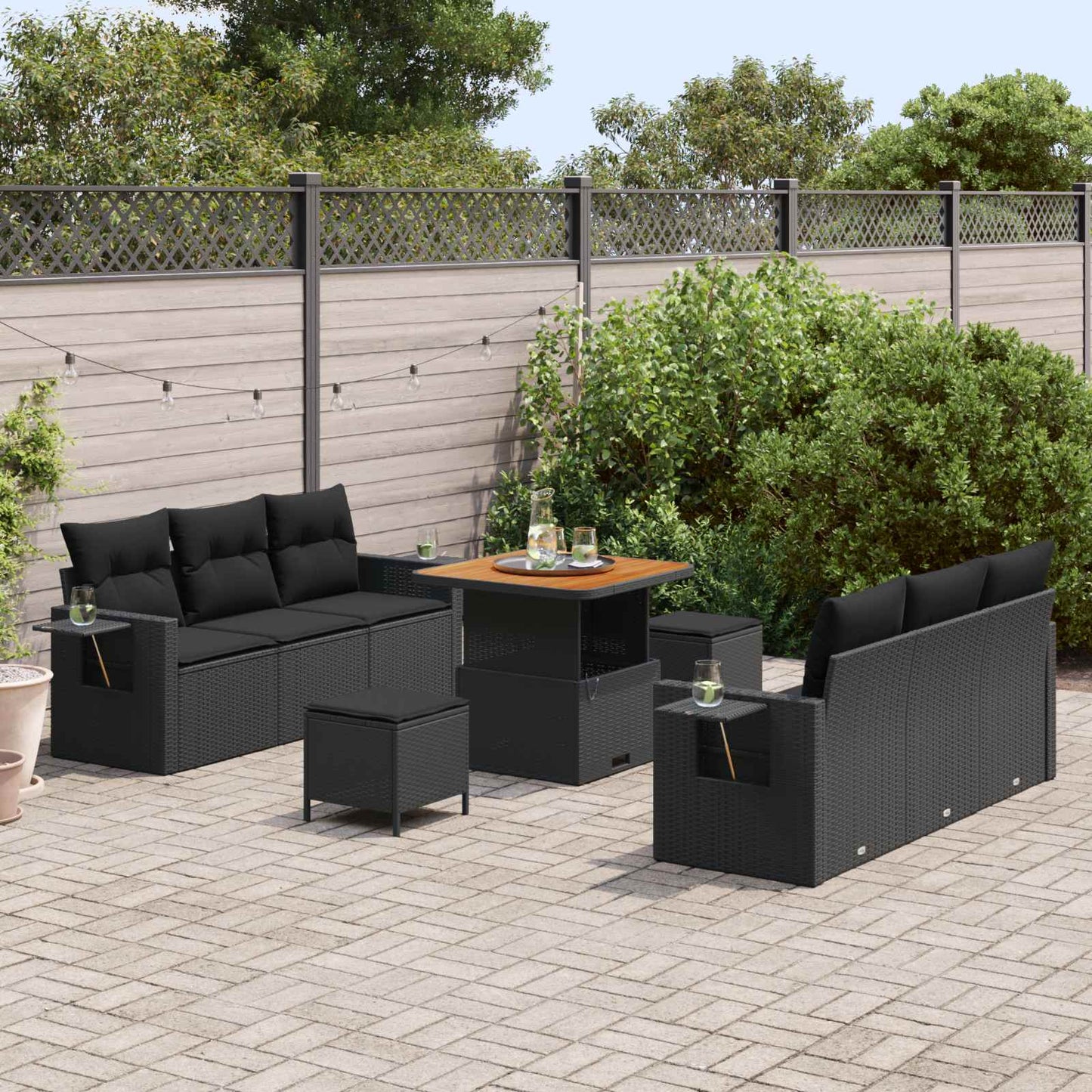 Set Divano da Giardino con cuscino con archiviazione 9 pcs Nero | homemem39