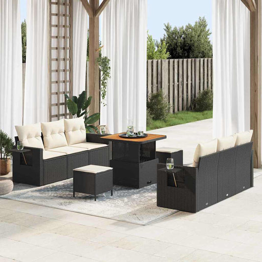 Set Divano da Giardino con cuscino 9 pcs Nero e crema
