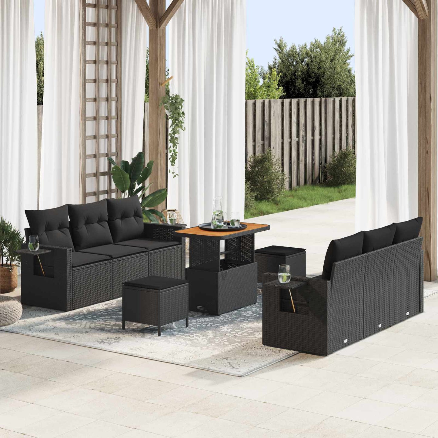 Set Divano da Giardino con cuscino con archiviazione 9 pcs Nero | homemem39
