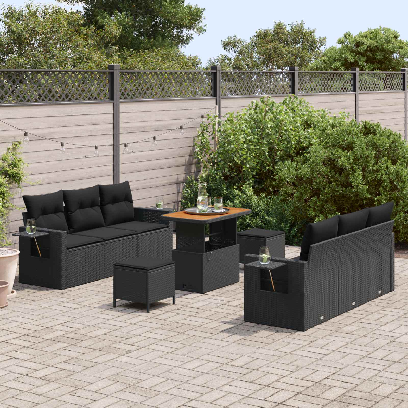 Set Divano da Giardino con cuscino con archiviazione 9 pcs Nero | homemem39