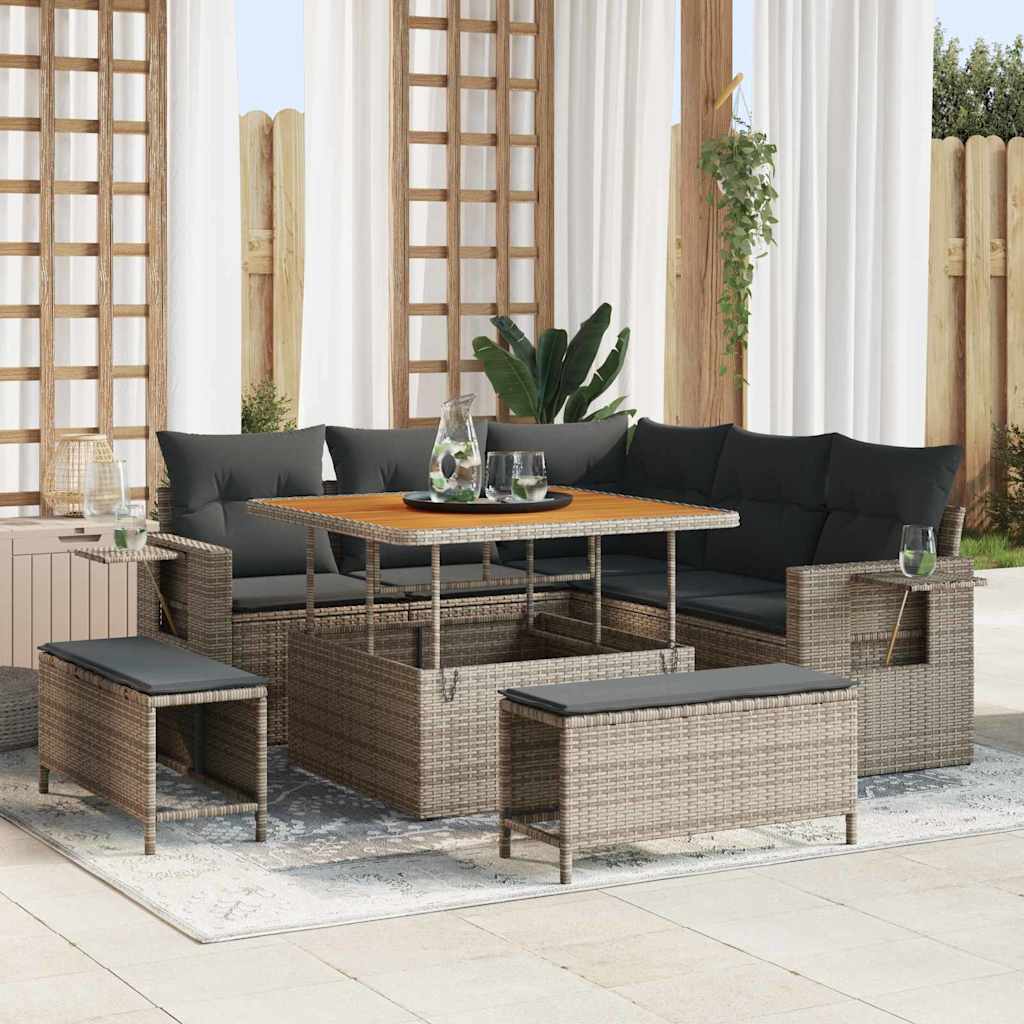 Set Divano da Giardino con cuscino 9 pcs Grigio polyrattan