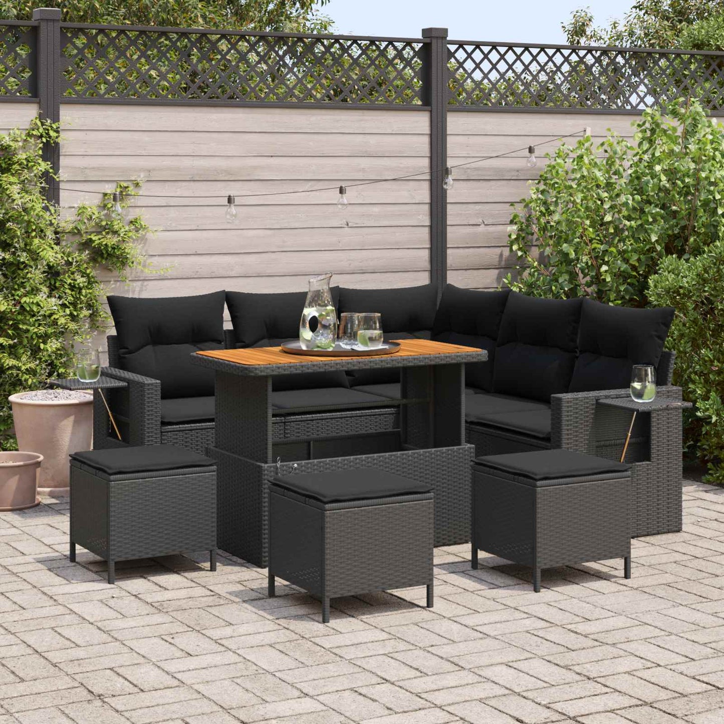 Set Divano da Giardino 10 pz 7-Numero di posti Nero polyrattan