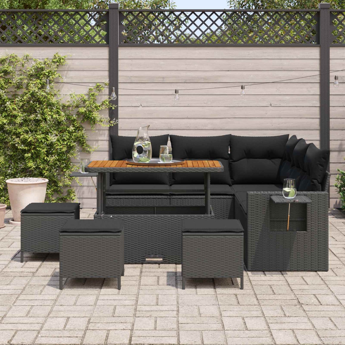Set Divano da Giardino 10 pz 7-Numero di posti Nero polyrattan