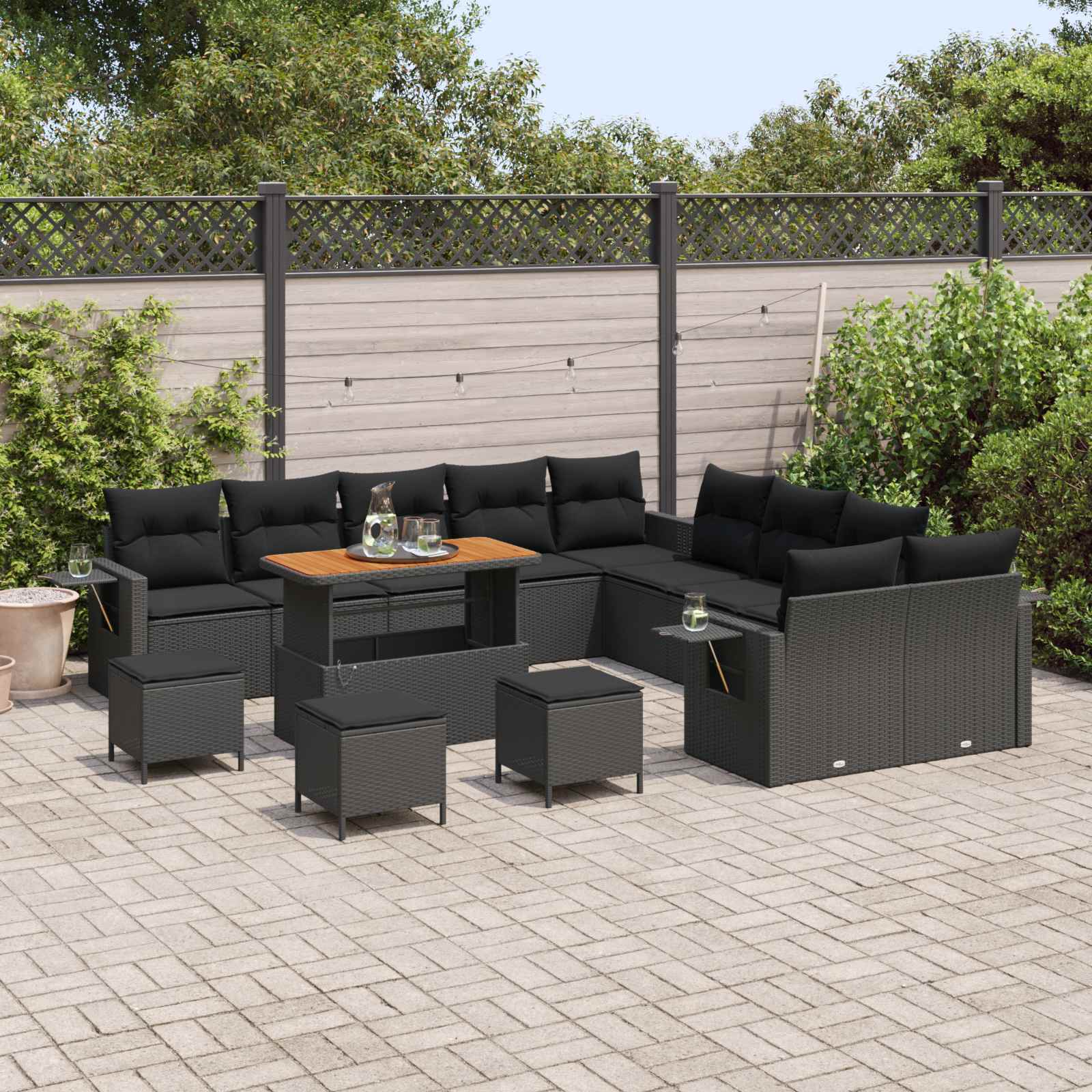 Set Divano da Giardino con cuscino 14 pcs Nero polyrattan | homemem39