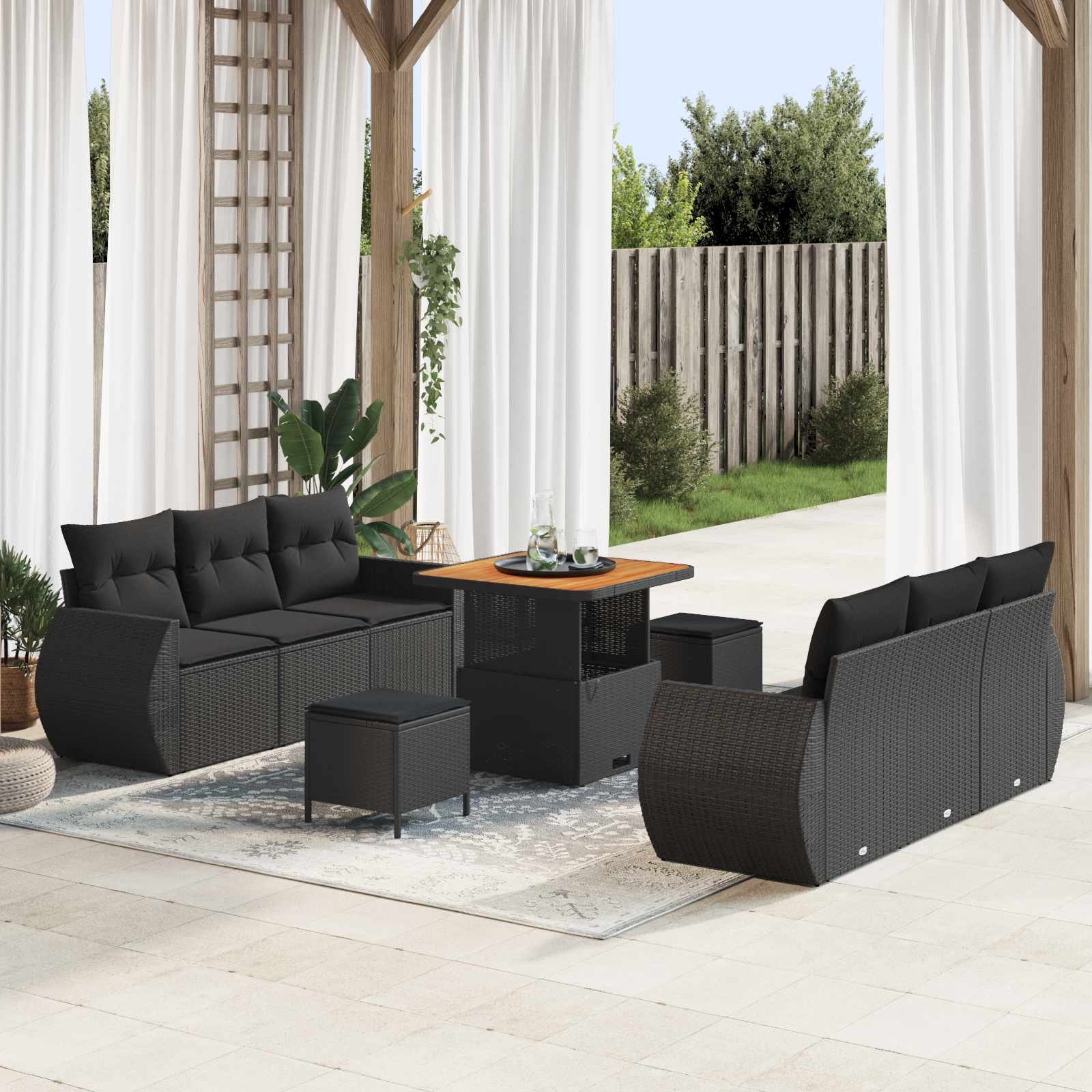 Set Divano da Giardino con cuscino 9 pcs Nero polyrattan | homemem39