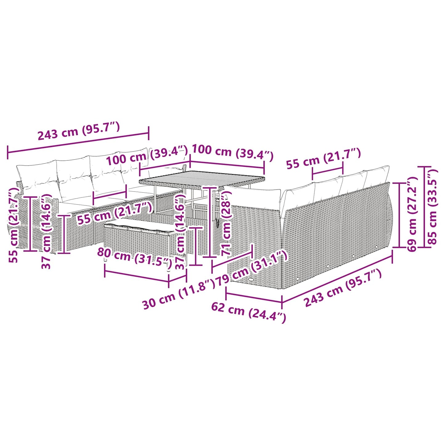 Set Divano da Giardino 11 pcs Nero Poly Rattan