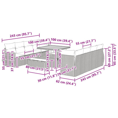 Set Divano da Giardino 11 pcs Nero Poly Rattan