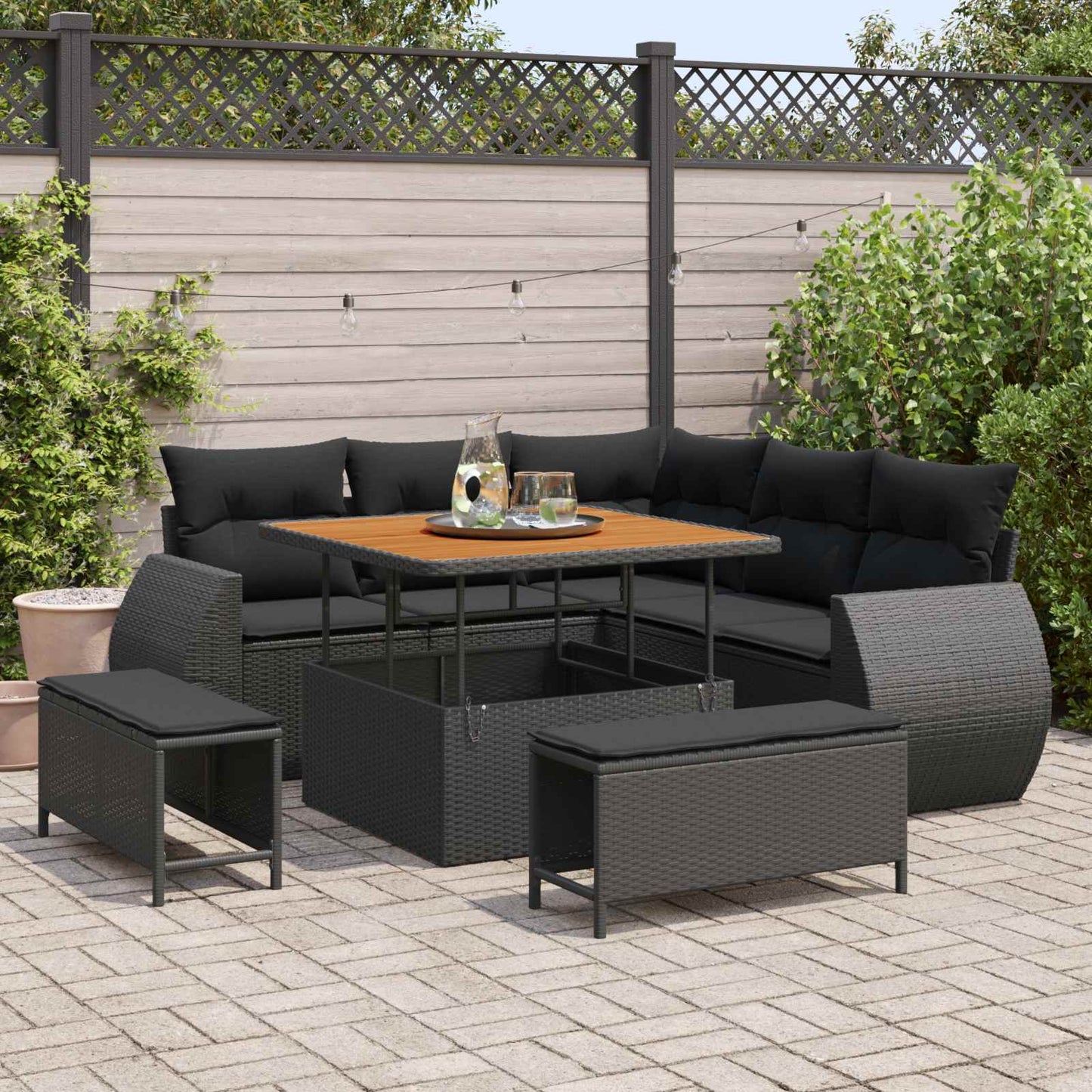 Set Divano da Giardino 8 pz 7-Numero di posti Nero polyrattan
