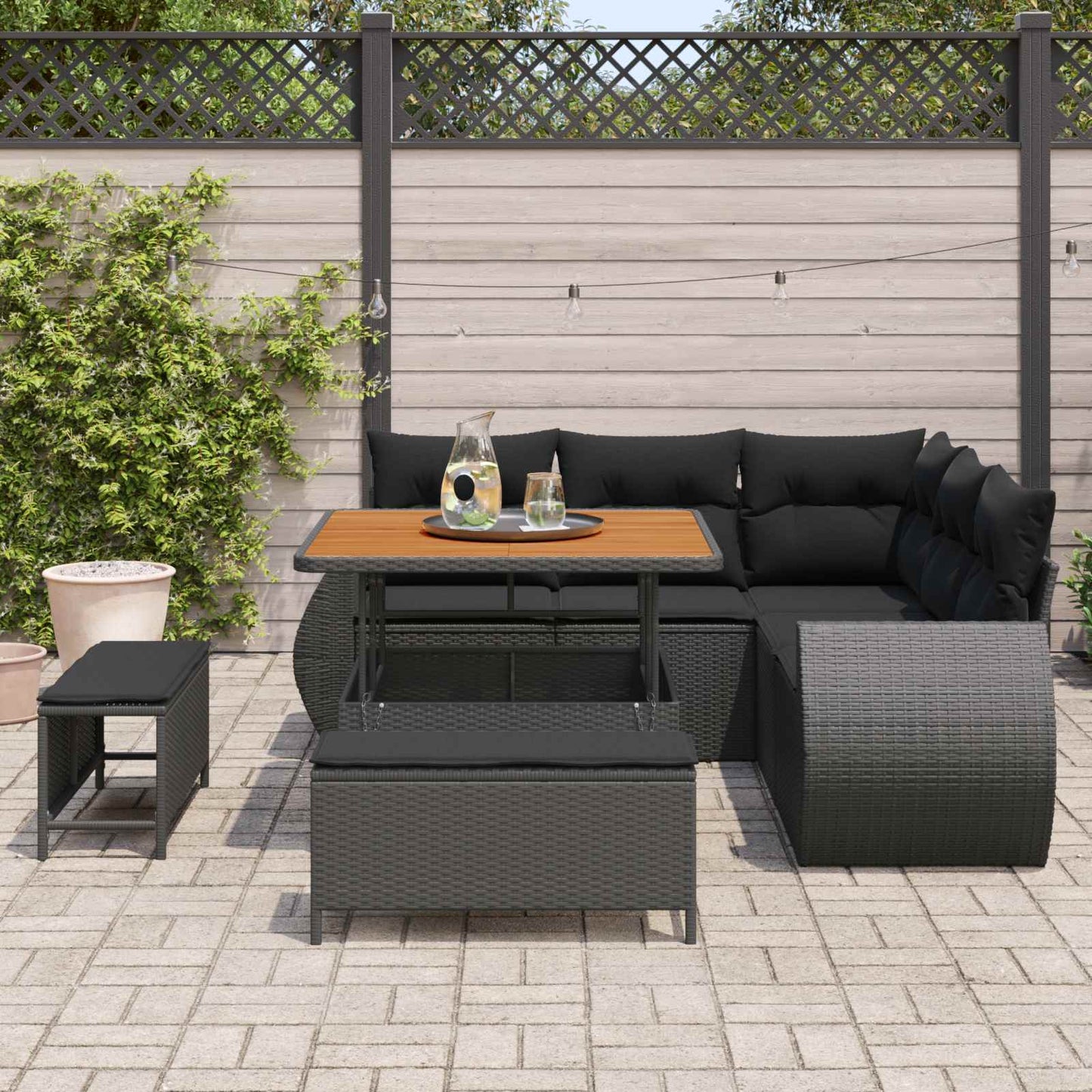 Set Divano da Giardino 8 pz 7-Numero di posti Nero polyrattan