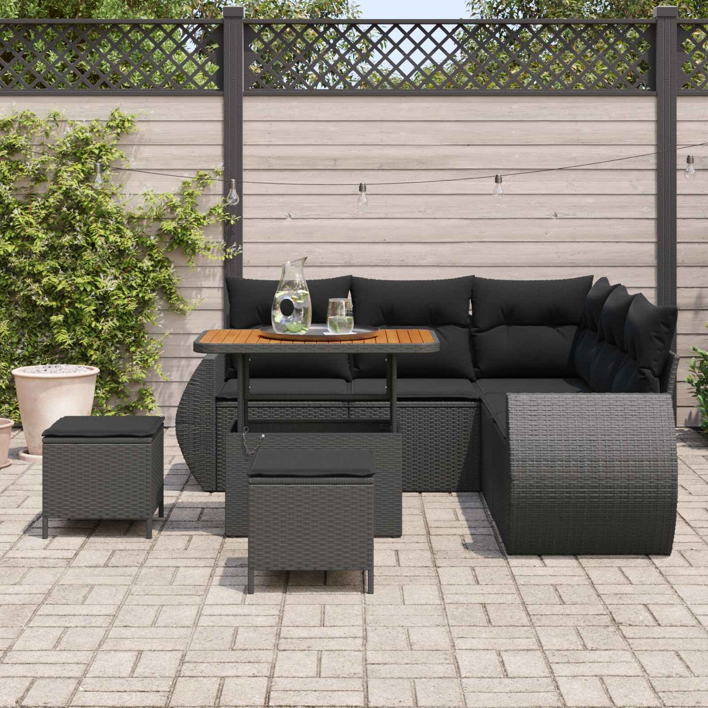 Set Divano da Giardino 8 pz 7-Numero di posti Nero polyrattan