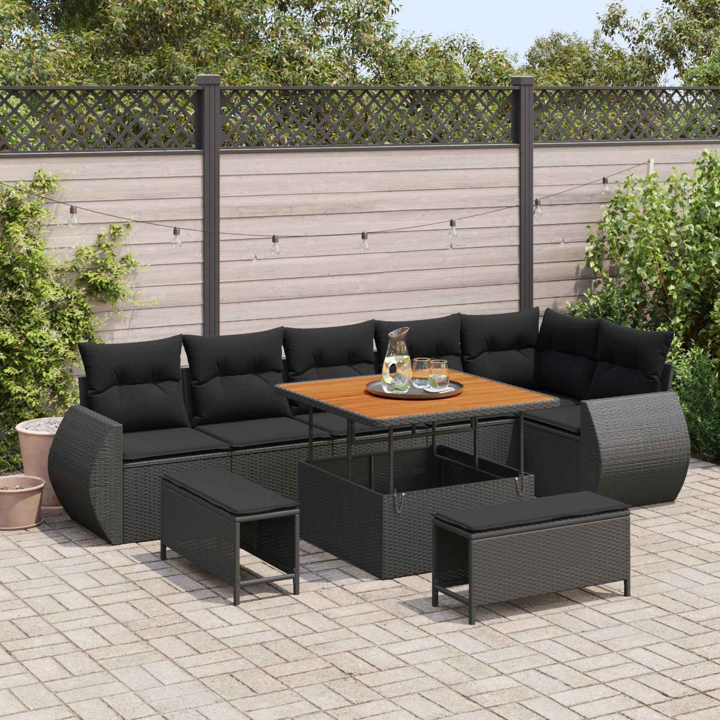 Set Divano da Giardino 9 pcs Nero Rattan in Polipropilene | homemem39