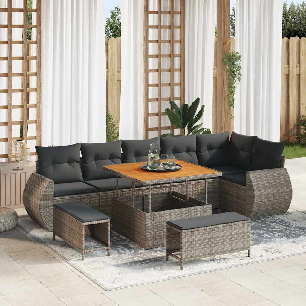 Set Divano da Giardino 9 pcs Grigio Rattan in Polipropilene