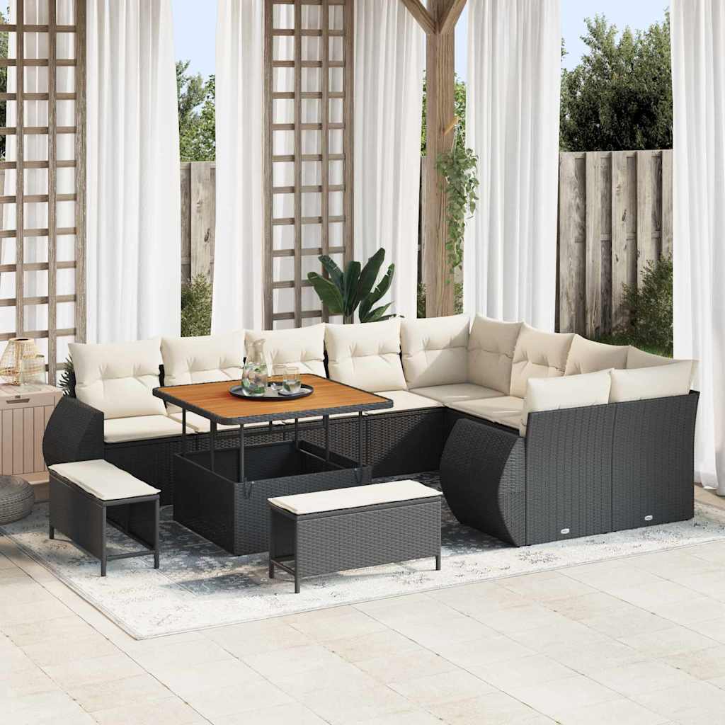 Set Divano da Giardino 12 pz 12-Numero di posti Nero e Crema