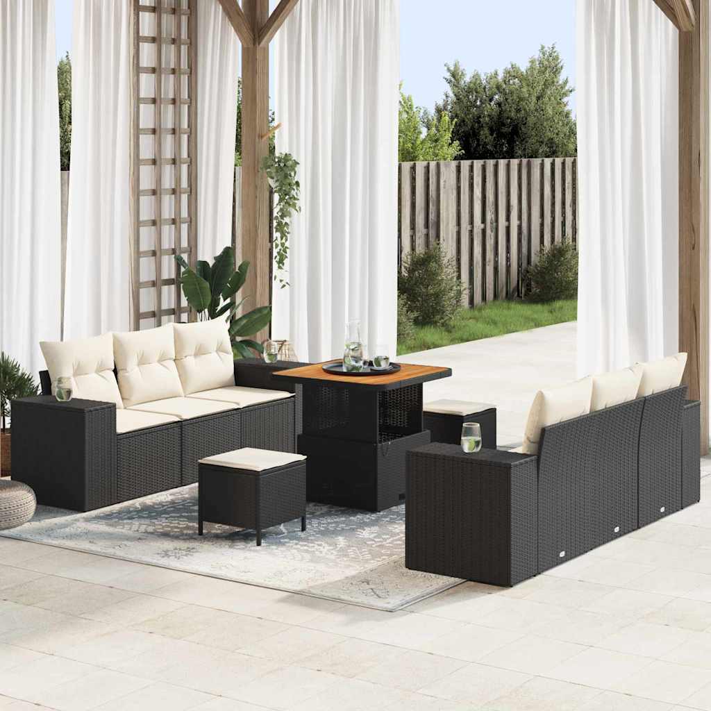Set Divano da Giardino Nero e Crema Rattan in Polipropilene