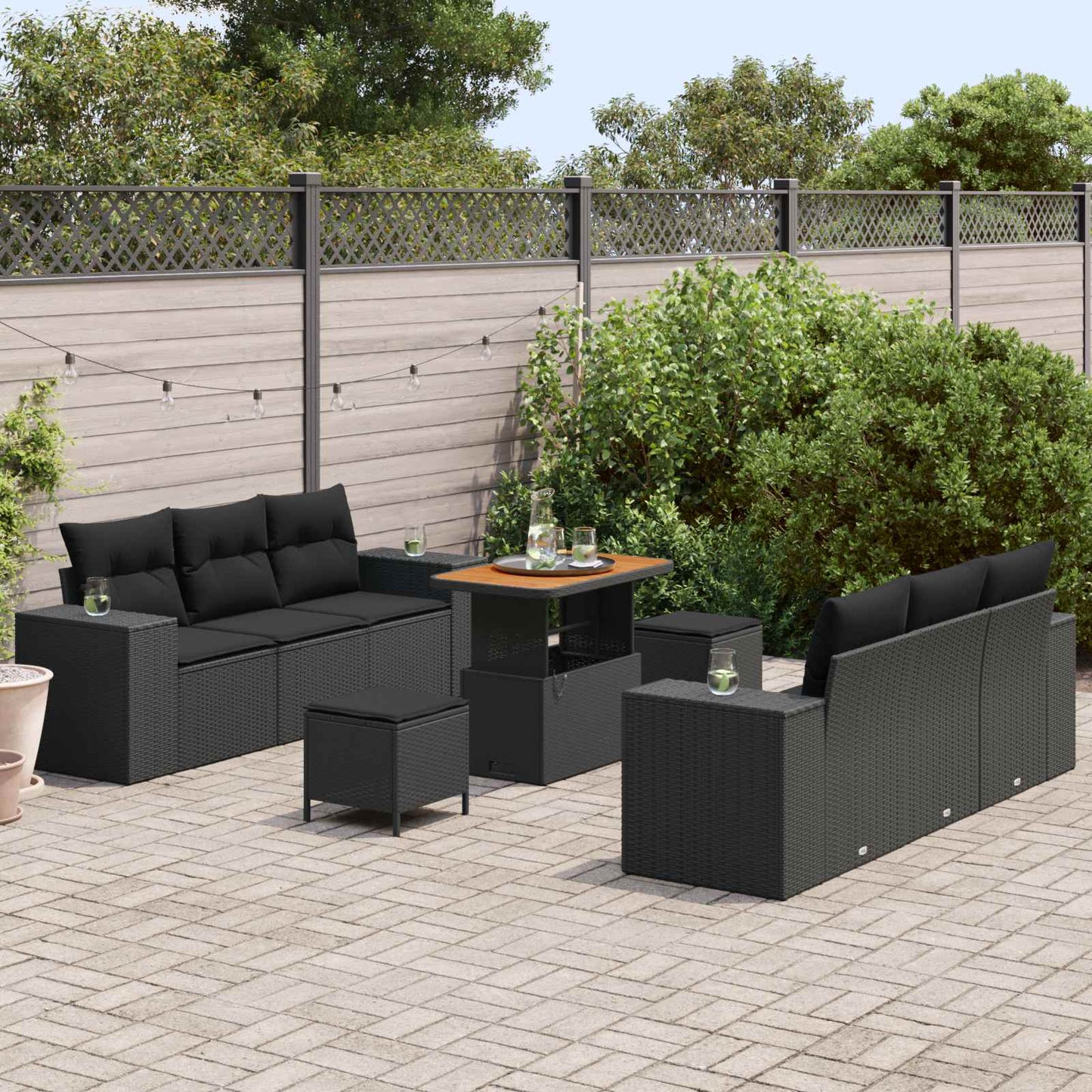Set Divano da Giardino Nero Rattan in Polipropilene