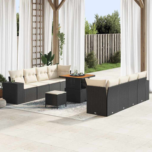 Set Divano da Giardino 11 pcs Nero e Crema polyrattan