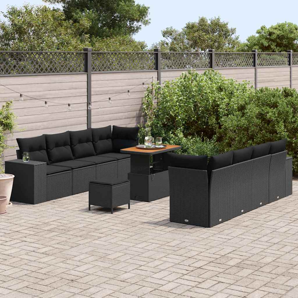 Set Divano da Giardino con cuscino 11 pcs Nero polyrattan